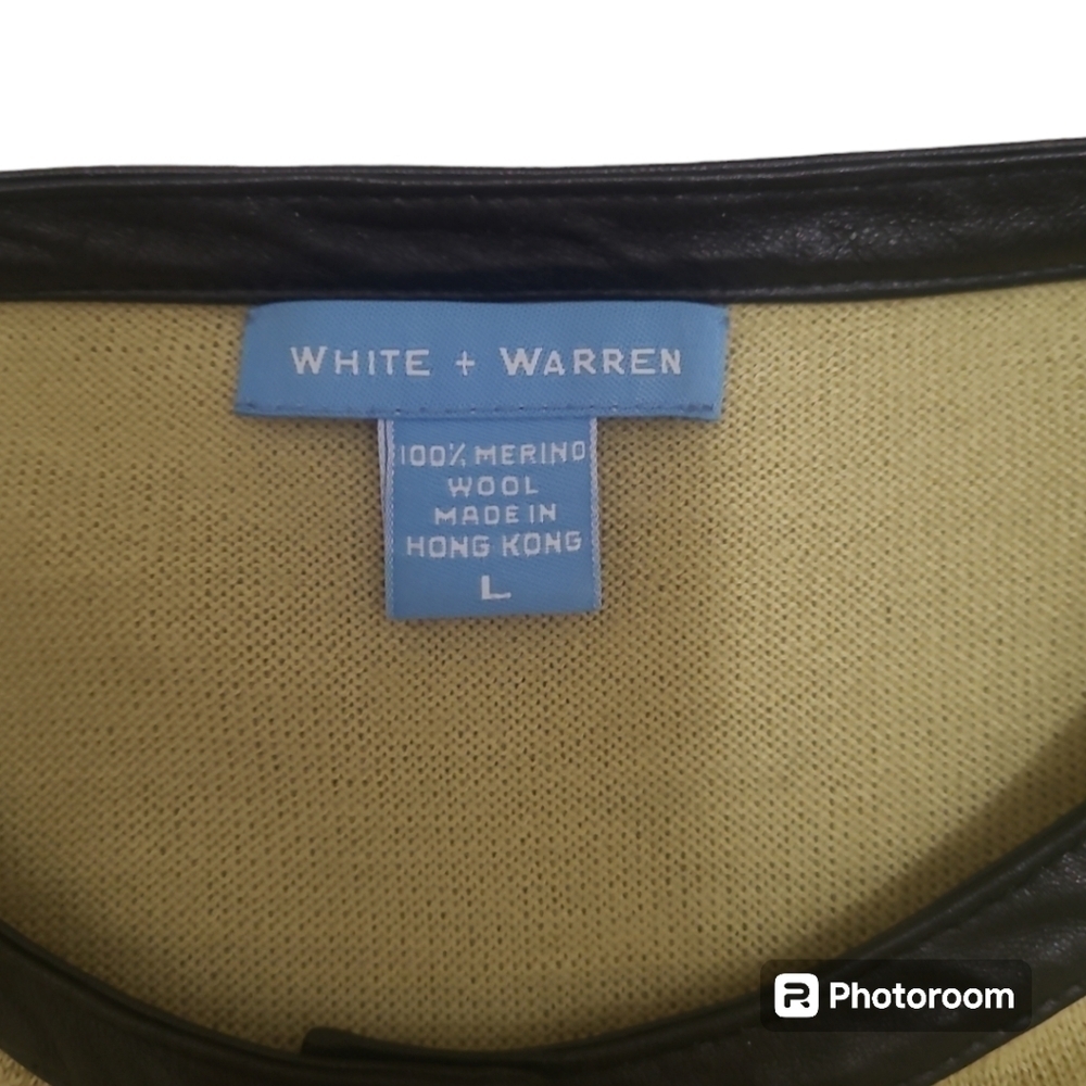White + Warren Merino Wool Lime Green Sweater Black Leather Trim Size Large - Picture 3 of 13